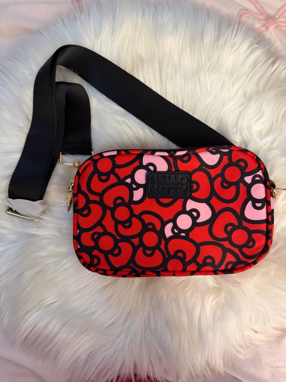 Hello Kitty Red and Pink Floral Pattern Crossbody Bag with Black Strap